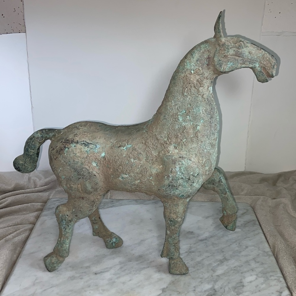 Elegant Antique Green Bronze Rustic Green Patina Horse Sculpture